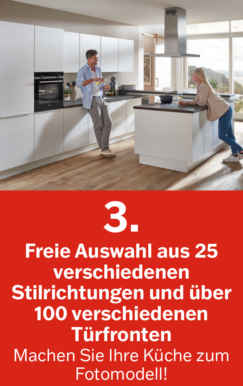 Wählen Sie aus einer Vielzahl an Fronten und Stilen Freie Auswahl aus 25<br />
verschiedenen Stil-<br />
richtungen und über 100 verschiedenen Türfronten
