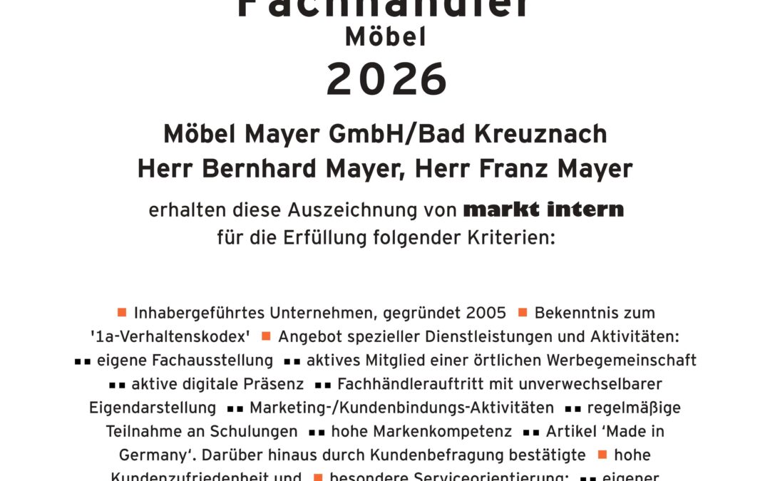 Möbel Mayer ist auch 2026 wieder 1A-FACHHÄNDLER!